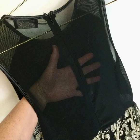 ASTR Womens Black Gold Lace Mesh Sleeveless Embroidered Mini Dress Large - Picture 3 of 12